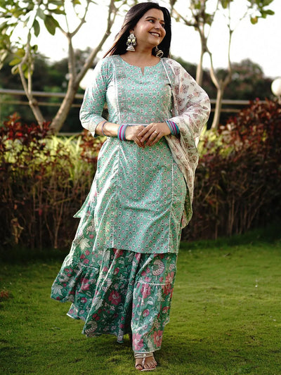 Green Printed Cotton Straight Kurta With Skirt & Dupatta - Libas