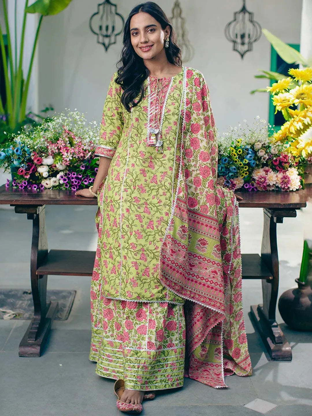 Green Printed Cotton Suit Set - Libas