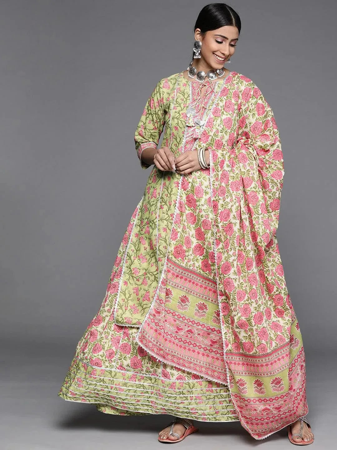 Green Printed Cotton Suit Set - Libas