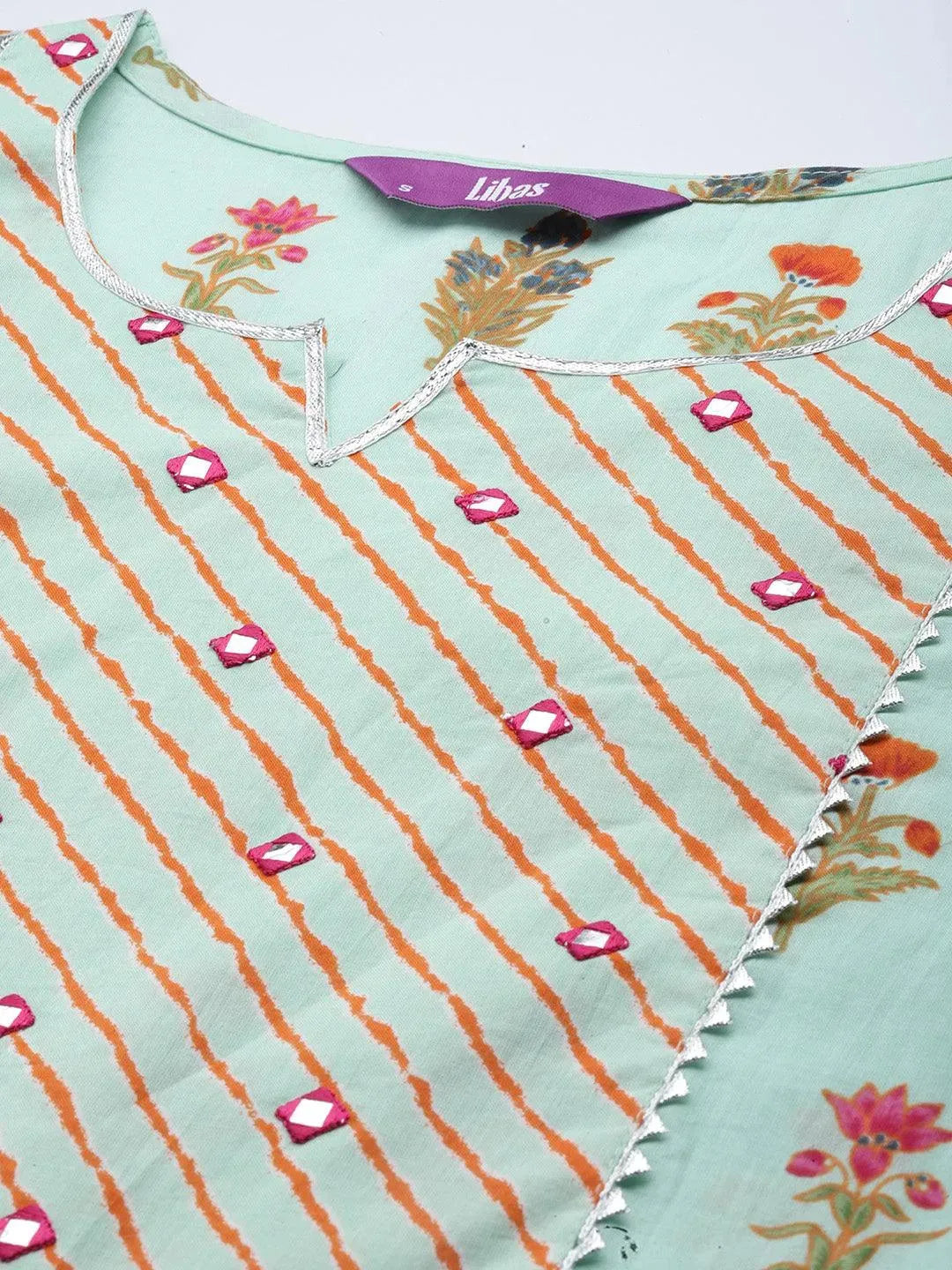Green Printed Cotton Suit Set - Libas 