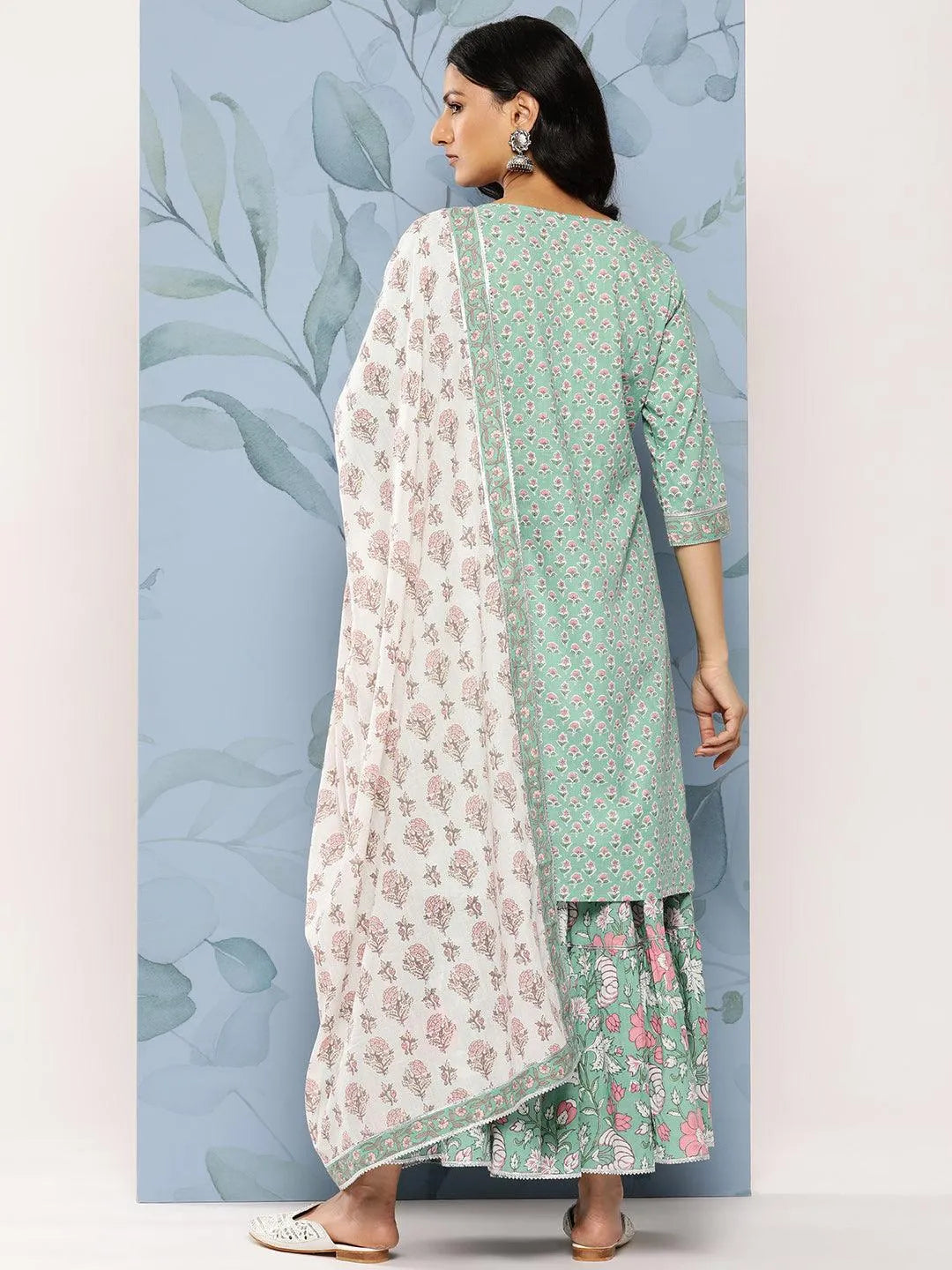 Green Printed Cotton Straight Suit Set With Skirt - Libas 