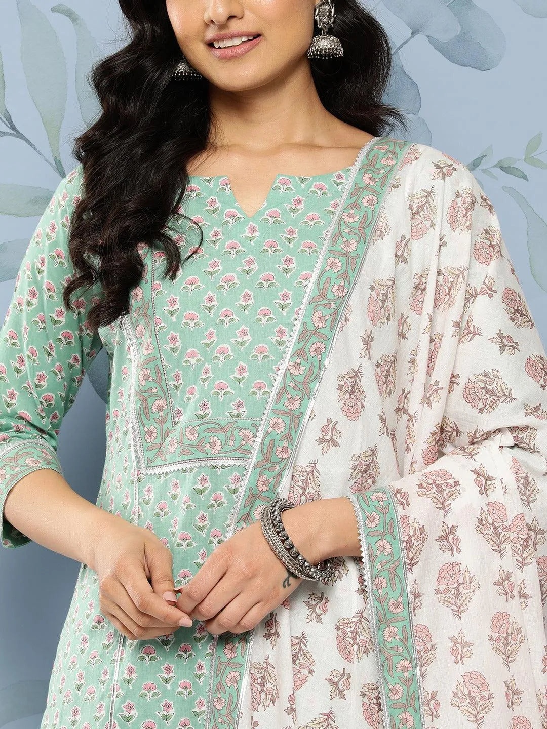 Green Printed Cotton Straight Suit Set With Skirt - Libas 