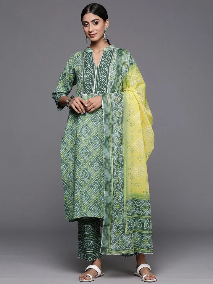 Green Printed Cotton Straight Kurta With Trousers & Dupatta - Libas