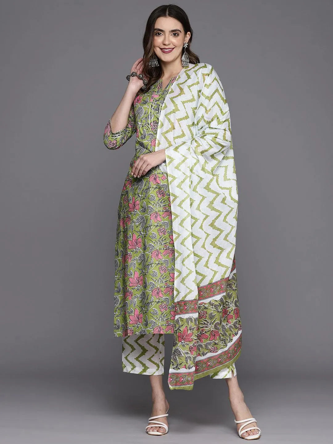 Green Printed Cotton Straight Kurta With Trousers & Dupatta - Libas