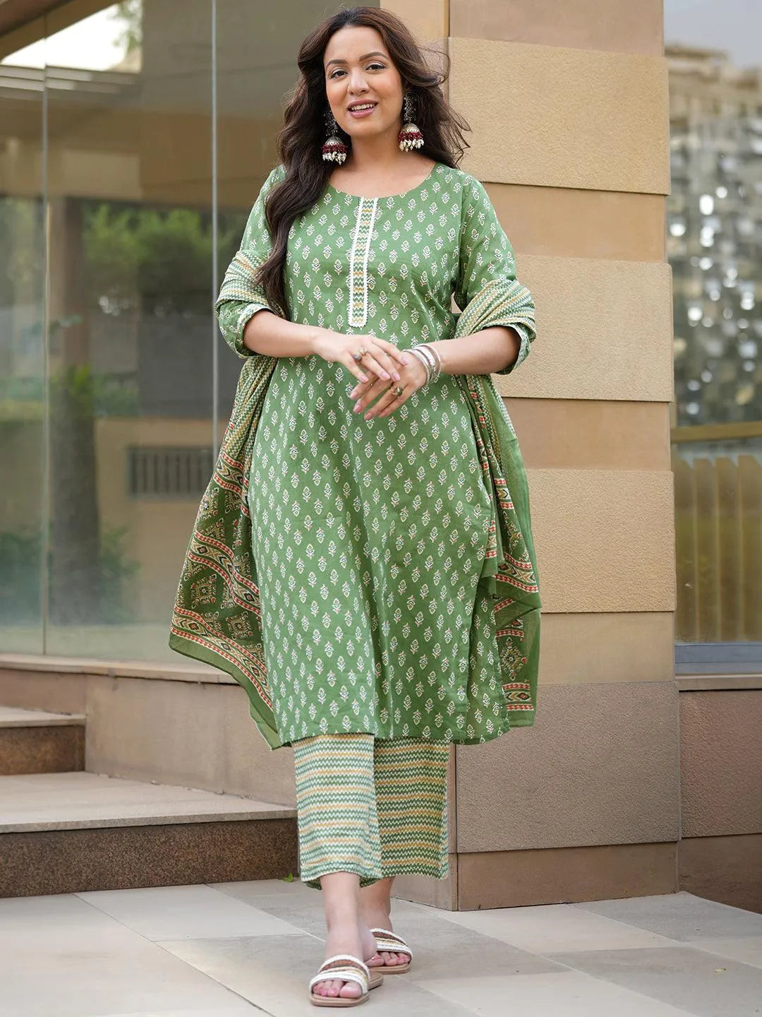Green Printed Cotton Straight Kurta With Trousers & Dupatta - Libas 