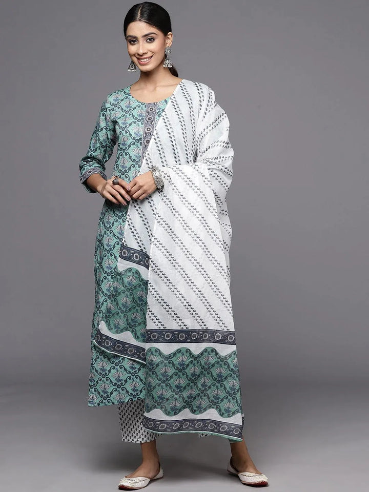 Green Printed Cotton Straight Kurta With Trousers & Dupatta - Libas
