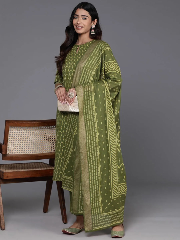 Green Printed Cotton Straight Kurta With Trousers & Dupatta - Libas