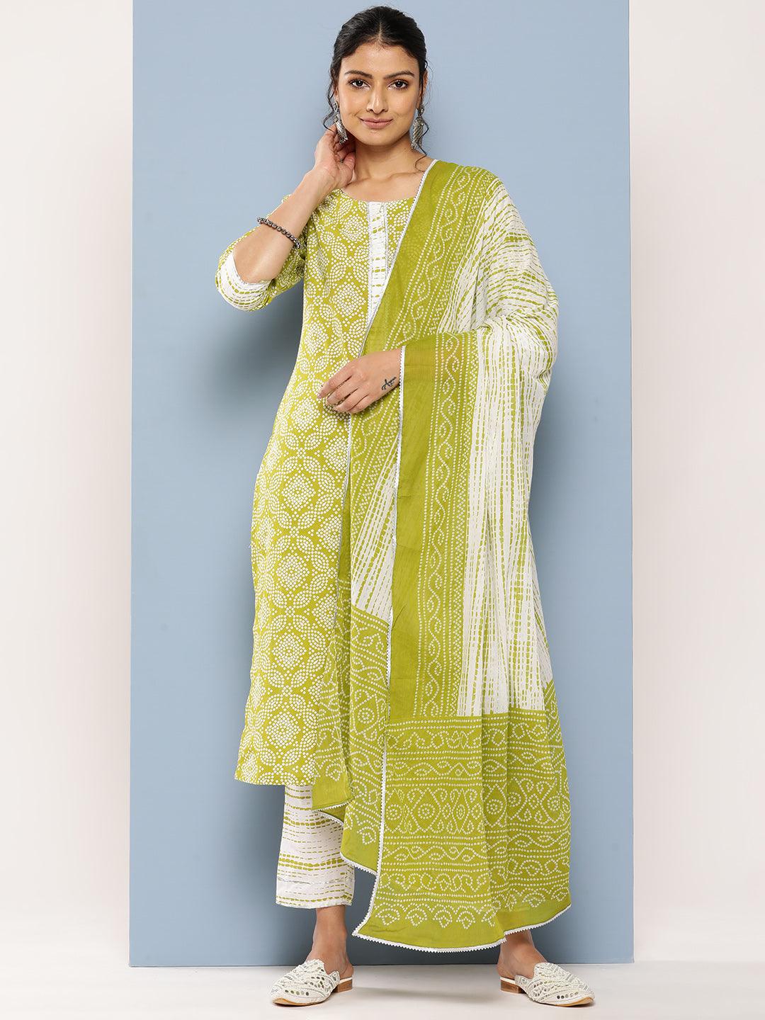Green Printed Cotton Straight Suit Set With Trousers - Libas