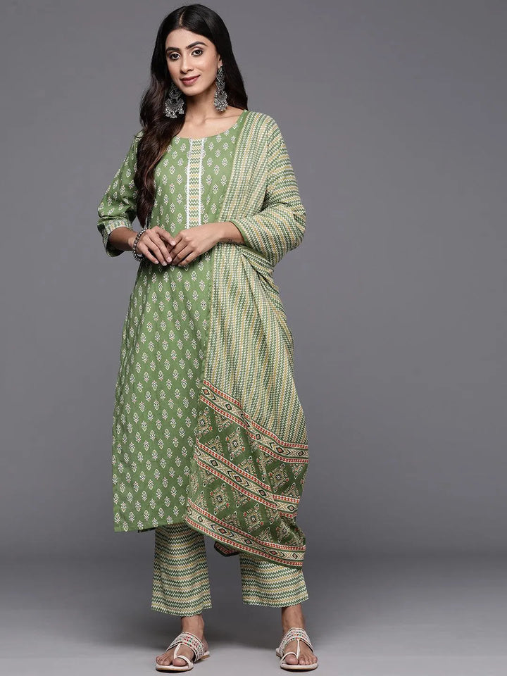 Green Printed Cotton Straight Kurta With Trousers & Dupatta - Libas