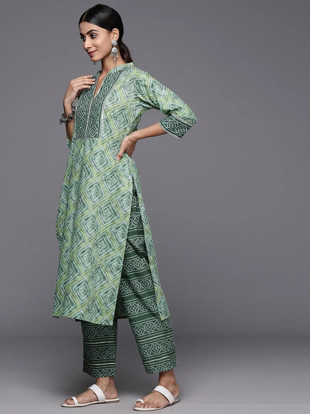 Green Printed Cotton Straight Kurta With Trousers & Dupatta - Libas 