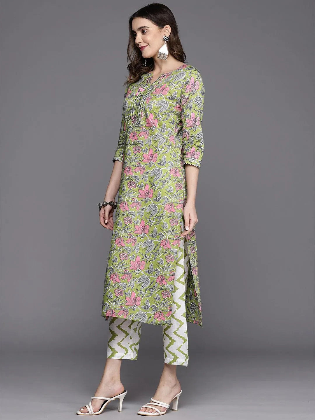 Green Printed Cotton Straight Kurta With Trousers & Dupatta - Libas 
