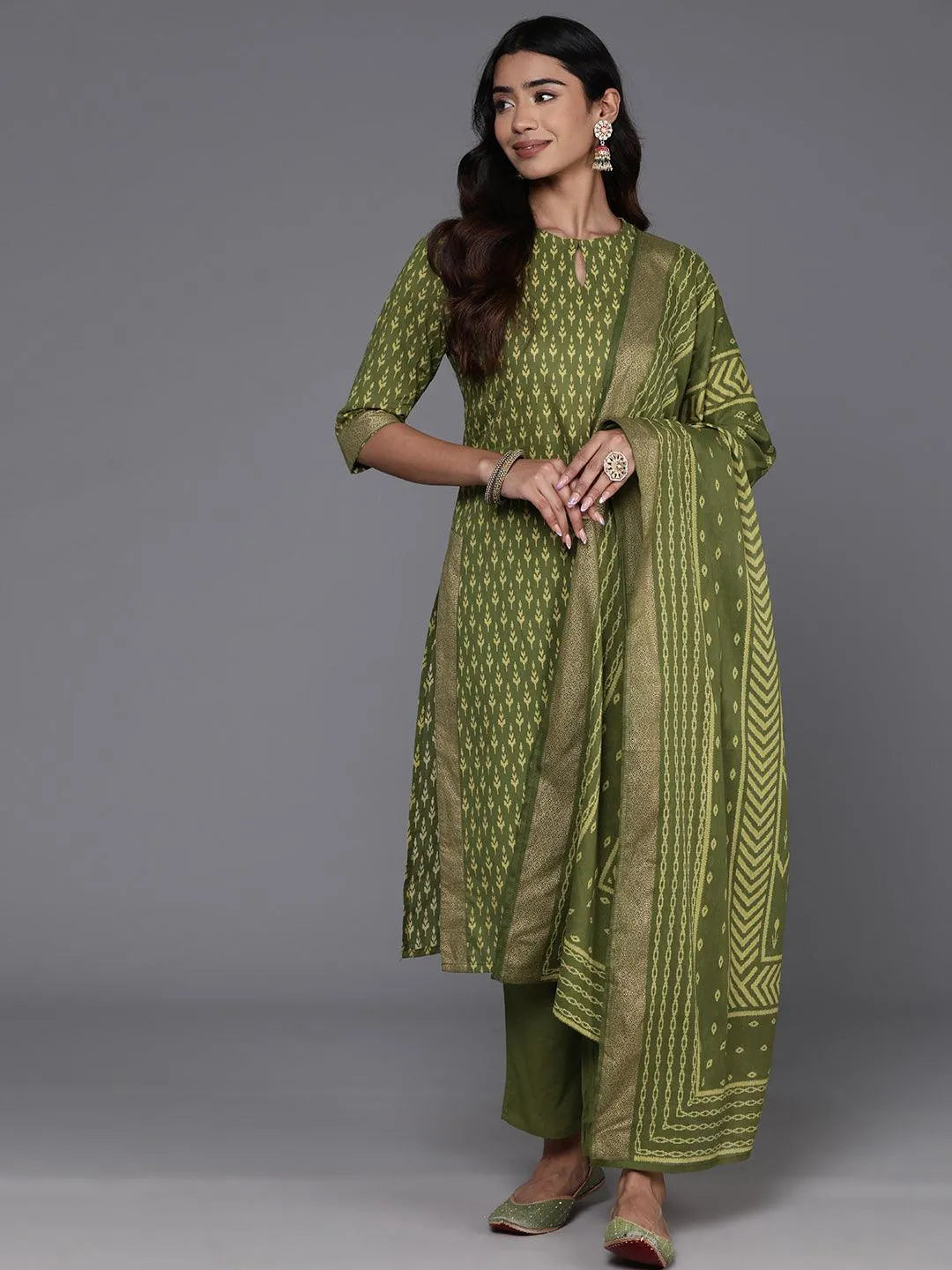 Green Printed Cotton Straight Kurta With Trousers & Dupatta - Libas