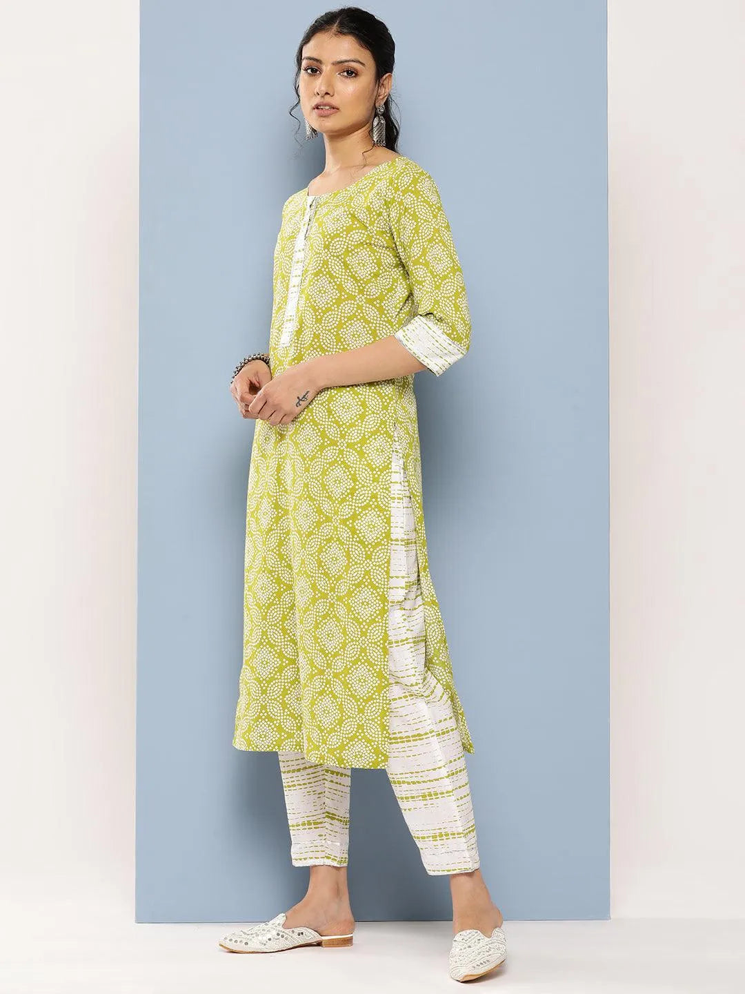 Green Printed Cotton Straight Suit Set With Trousers - Libas 