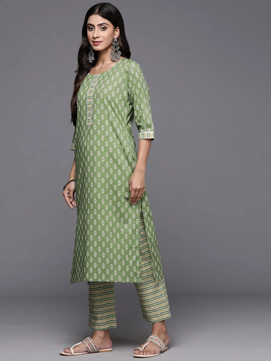Green Printed Cotton Straight Kurta With Trousers & Dupatta - Libas 