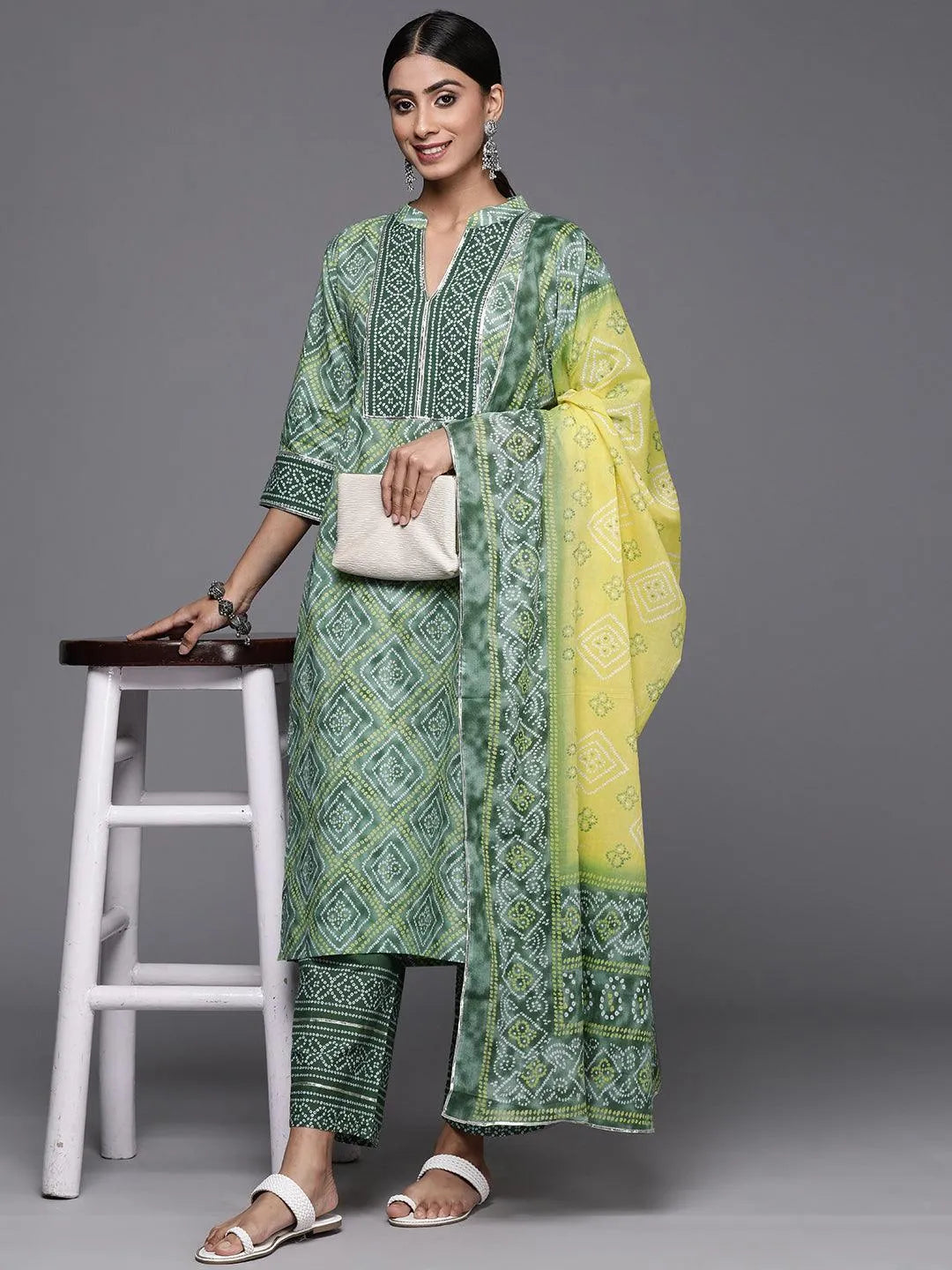 Green Printed Cotton Straight Kurta With Trousers & Dupatta - Libas 