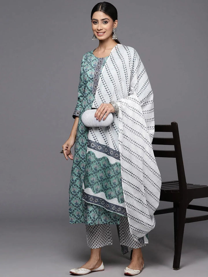 Green Printed Cotton Straight Kurta With Trousers & Dupatta - Libas