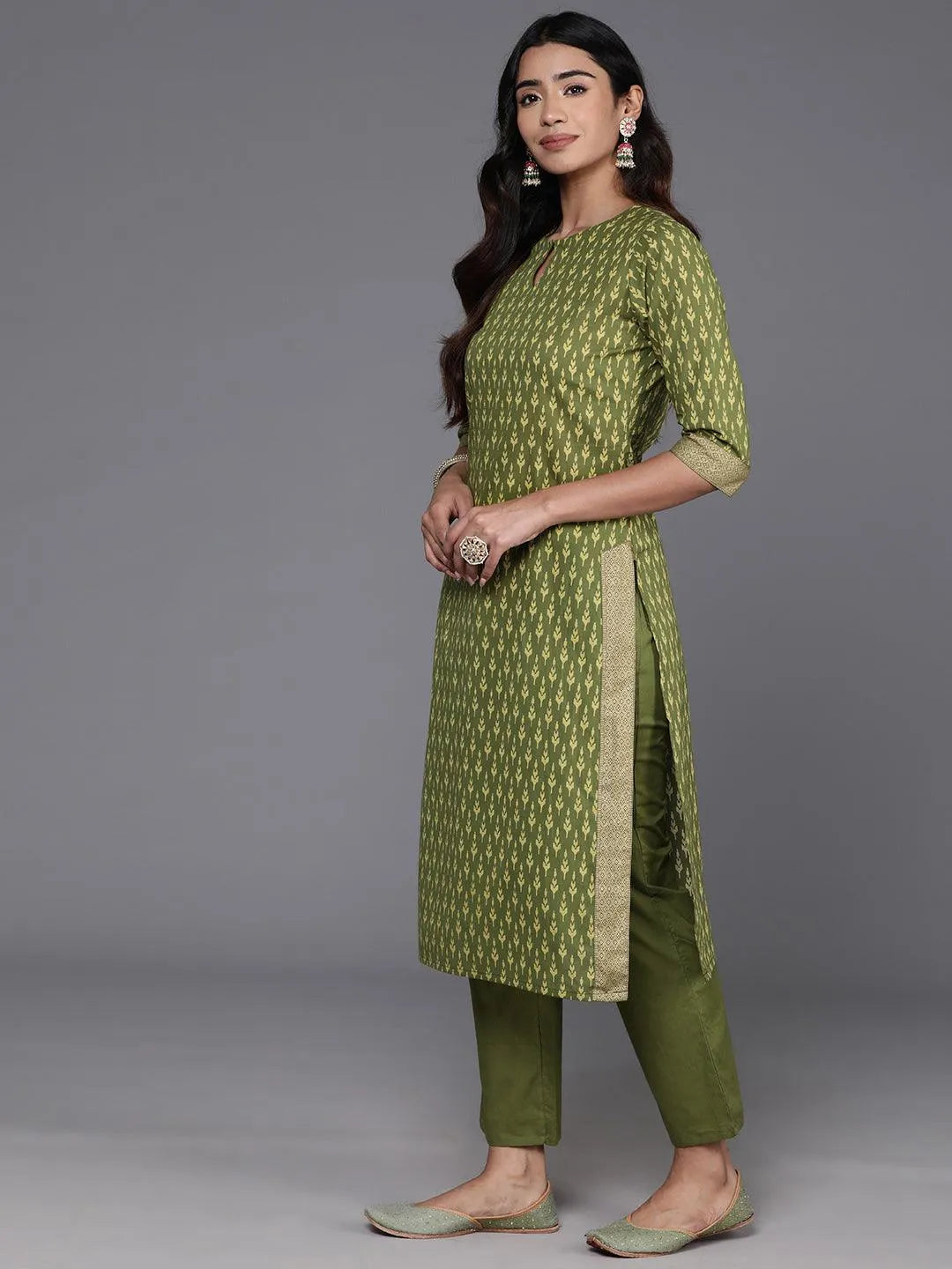 Green Printed Cotton Straight Kurta With Trousers & Dupatta - Libas 