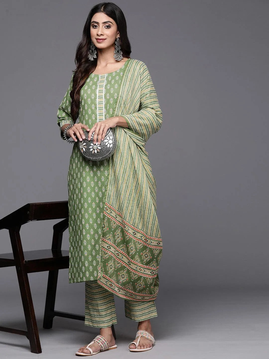 Green Printed Cotton Straight Kurta With Trousers & Dupatta - Libas 
