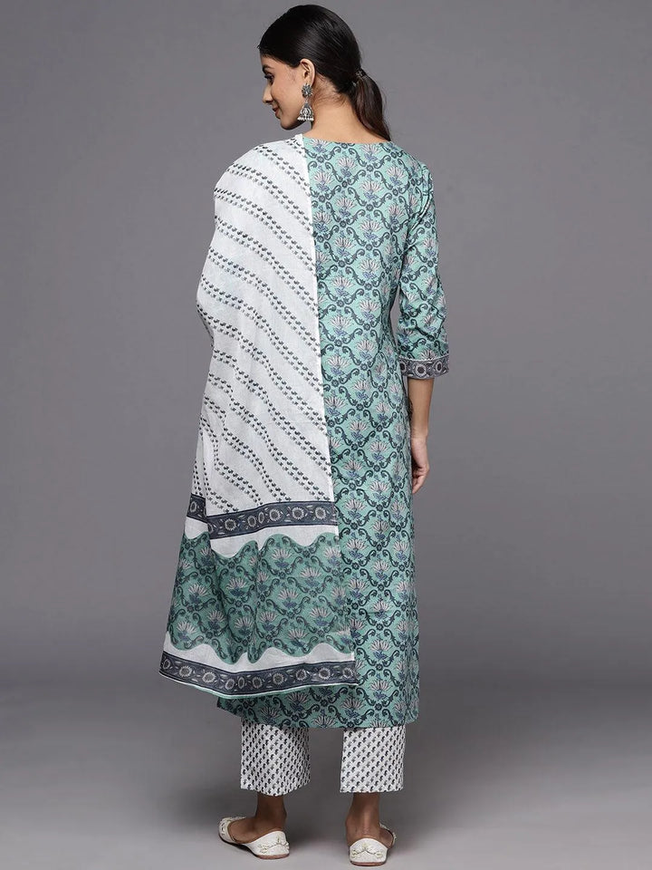 Green Printed Cotton Straight Kurta With Trousers & Dupatta - Libas