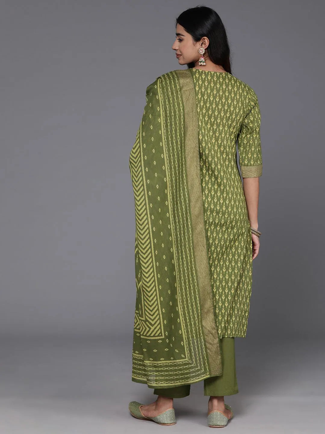 Green Printed Cotton Straight Kurta With Trousers & Dupatta - Libas 