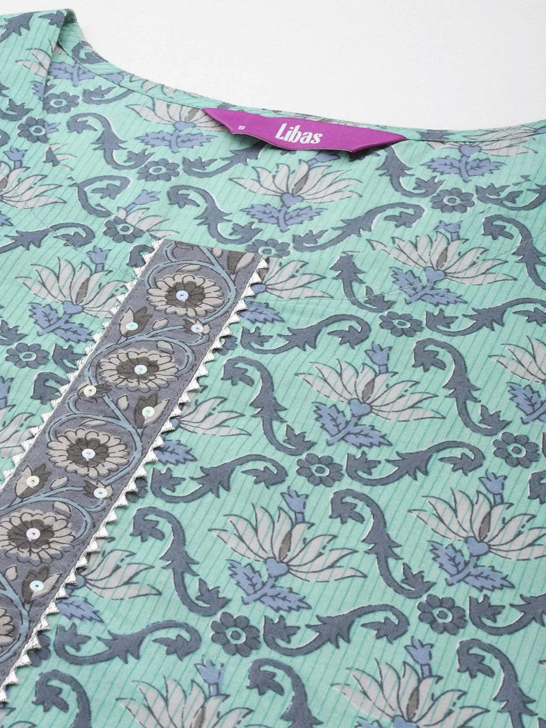 Green Printed Cotton Straight Kurta With Trousers & Dupatta - Libas 