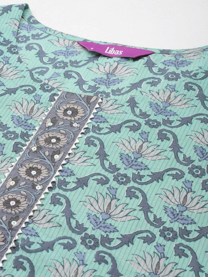 Green Printed Cotton Straight Kurta With Trousers & Dupatta - Libas