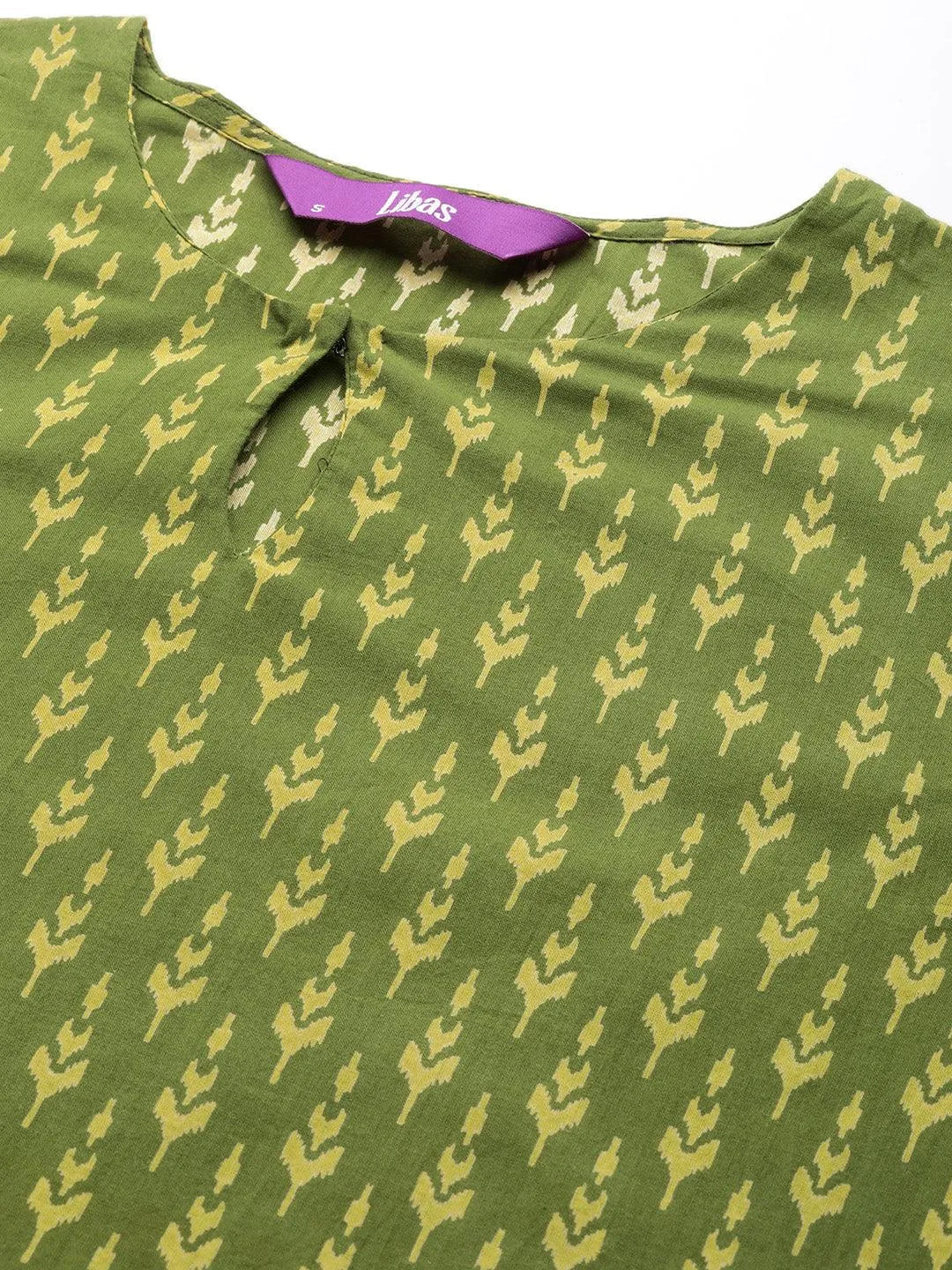 Green Printed Cotton Straight Kurta With Trousers & Dupatta - Libas 