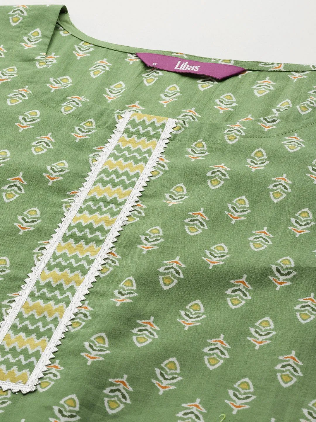 Green Printed Cotton Straight Kurta With Trousers & Dupatta - Libas 