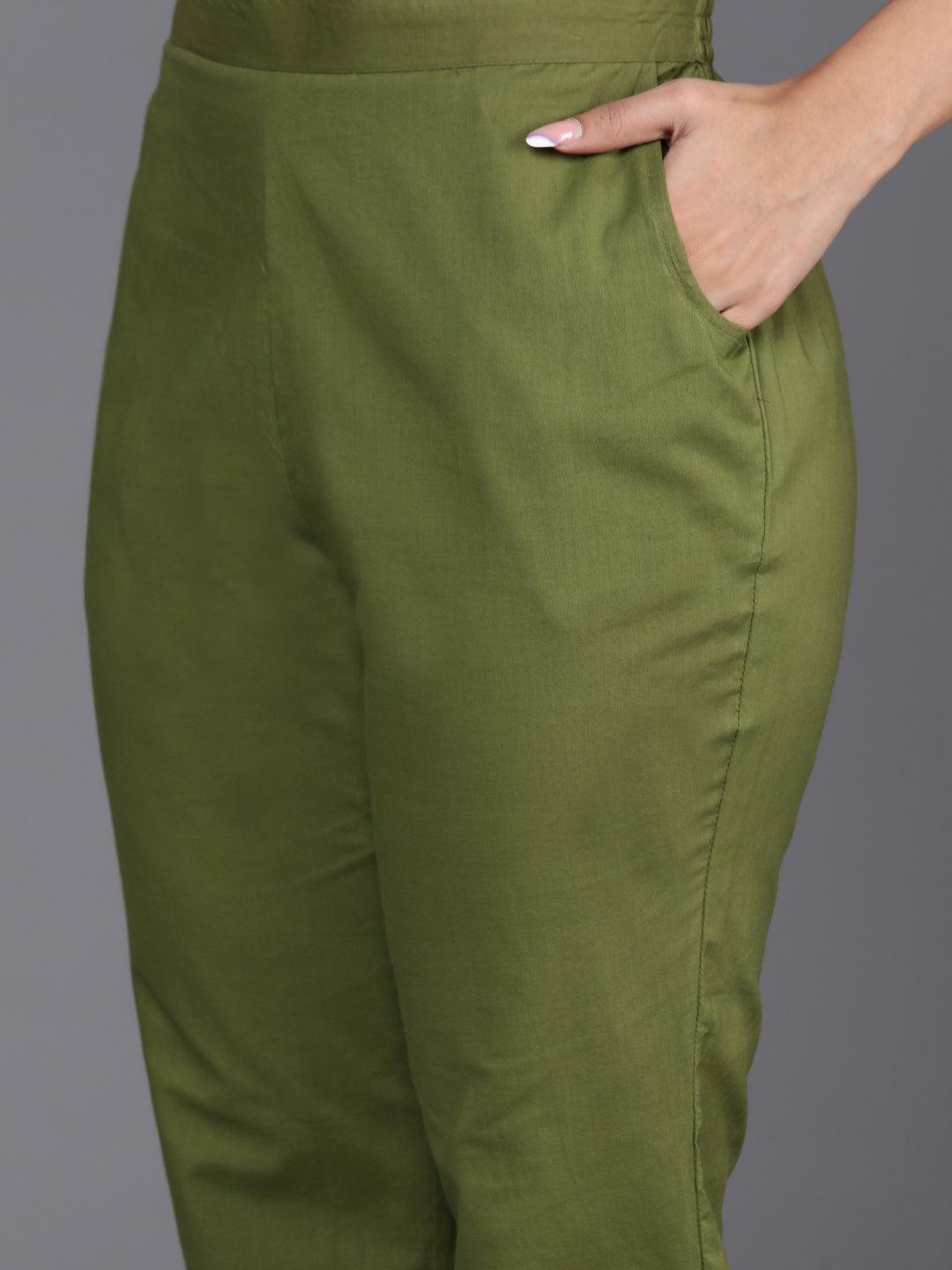 Green Printed Cotton Straight Kurta With Trousers & Dupatta - Libas