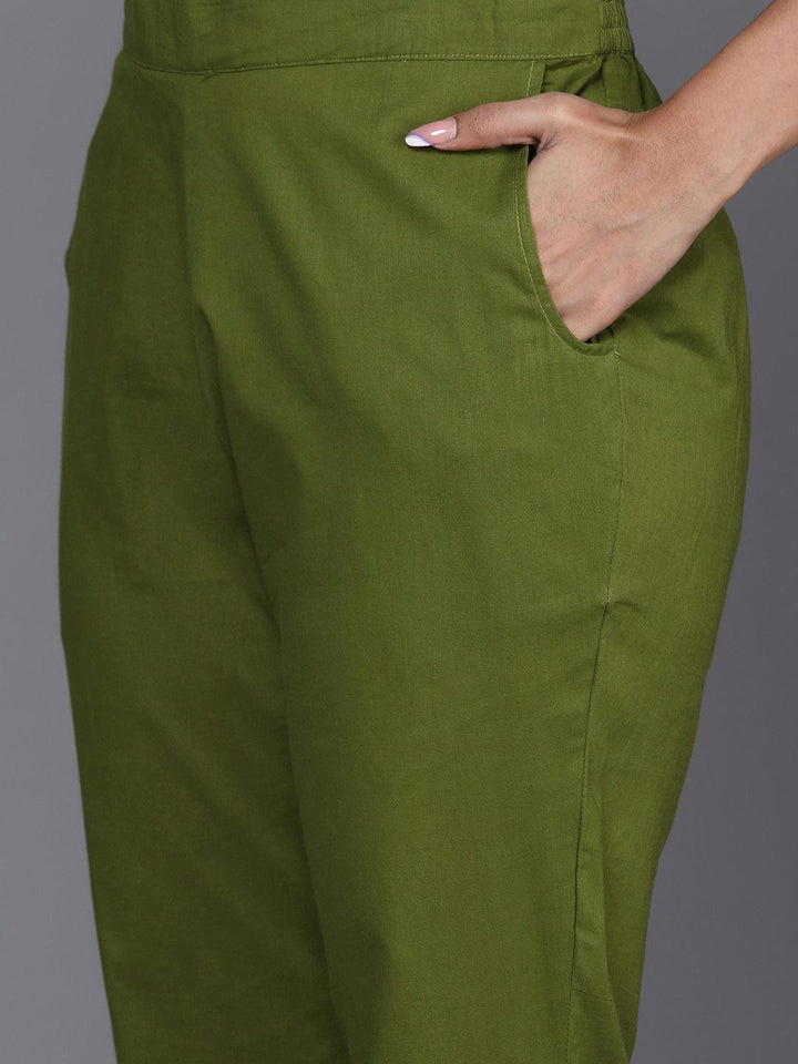 Green Printed Cotton Straight Kurta With Trousers & Dupatta - Libas