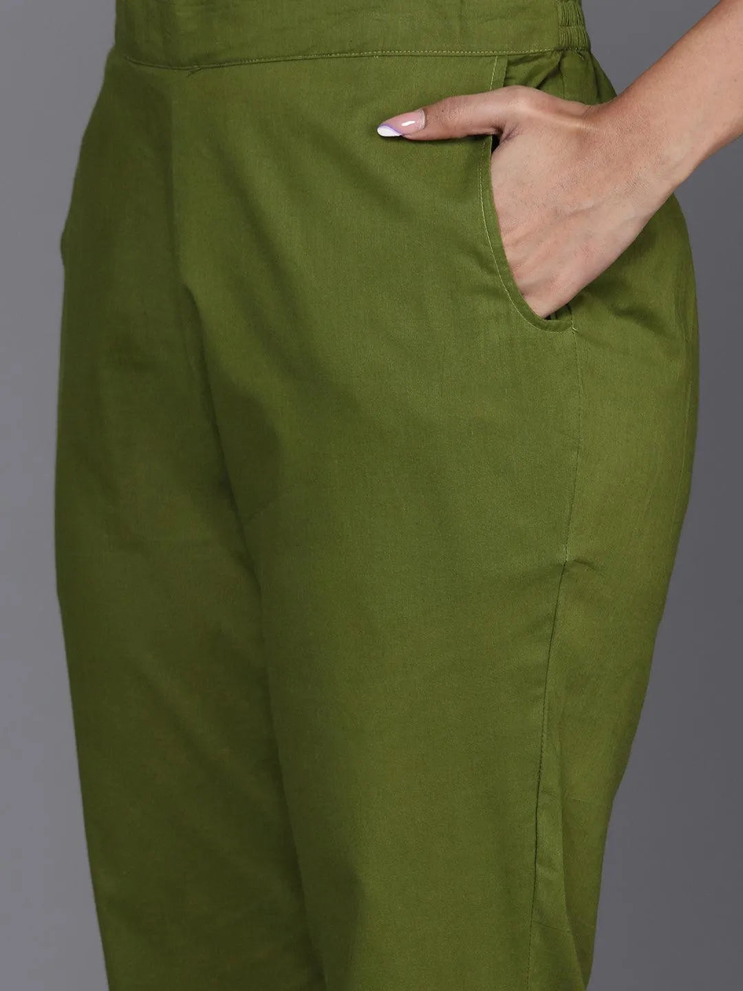 Green Printed Cotton Straight Kurta With Trousers & Dupatta - Libas 