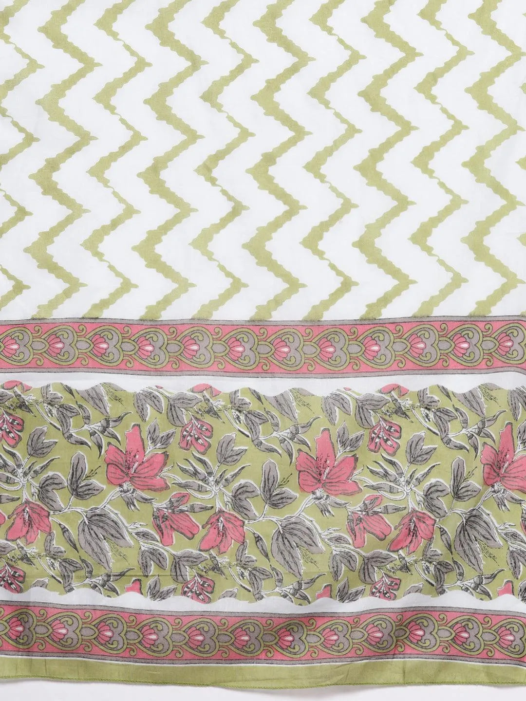 Green Printed Cotton Straight Kurta With Trousers & Dupatta - Libas 