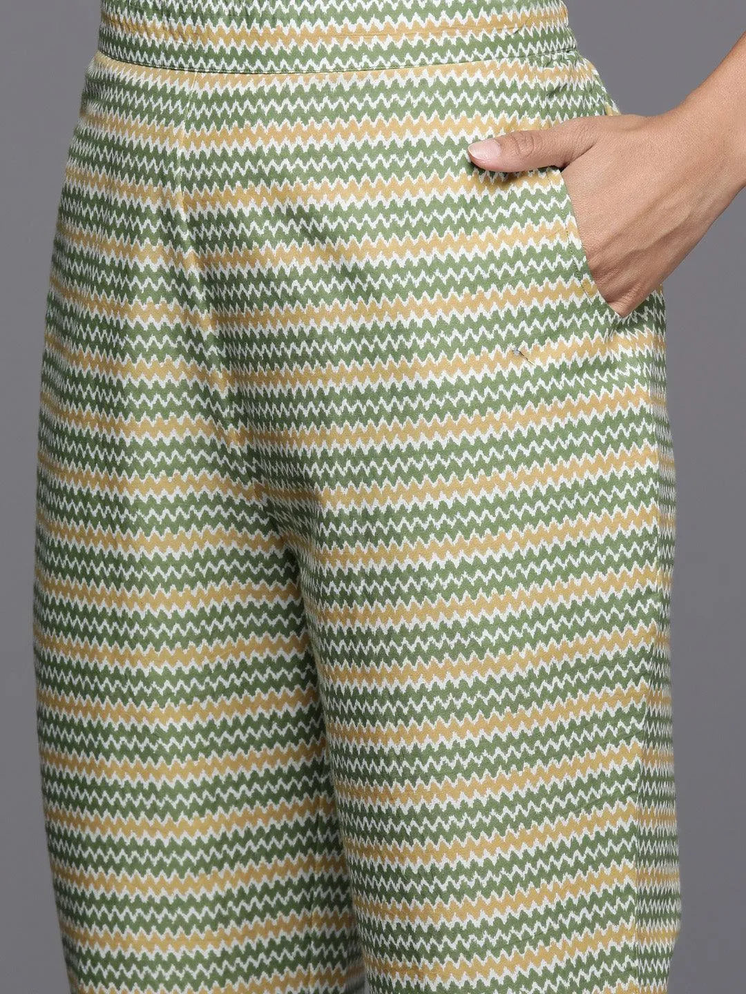 Green Printed Cotton Straight Kurta With Trousers & Dupatta - Libas 