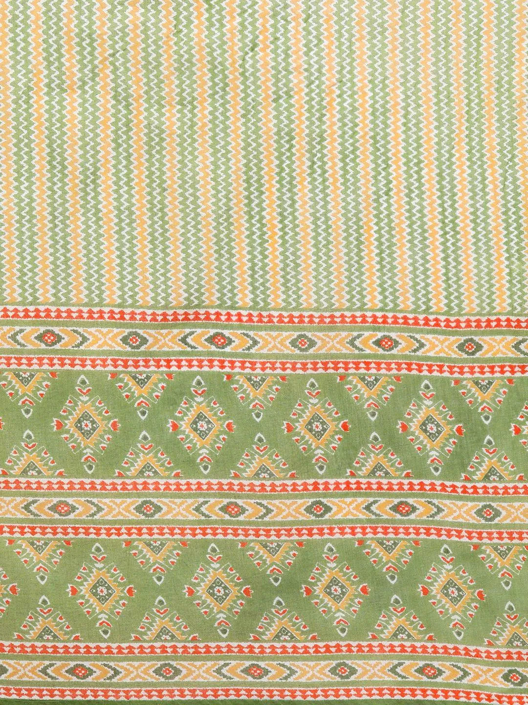 Green Printed Cotton Straight Kurta With Trousers & Dupatta - Libas 