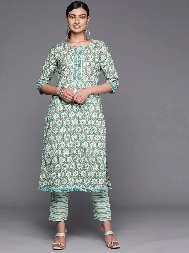 Green Printed Cotton Straight Kurta Set With Trousers - Libas
