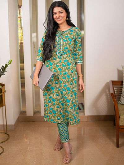 Green Printed Cotton Straight Kurta With Trousers - Libas