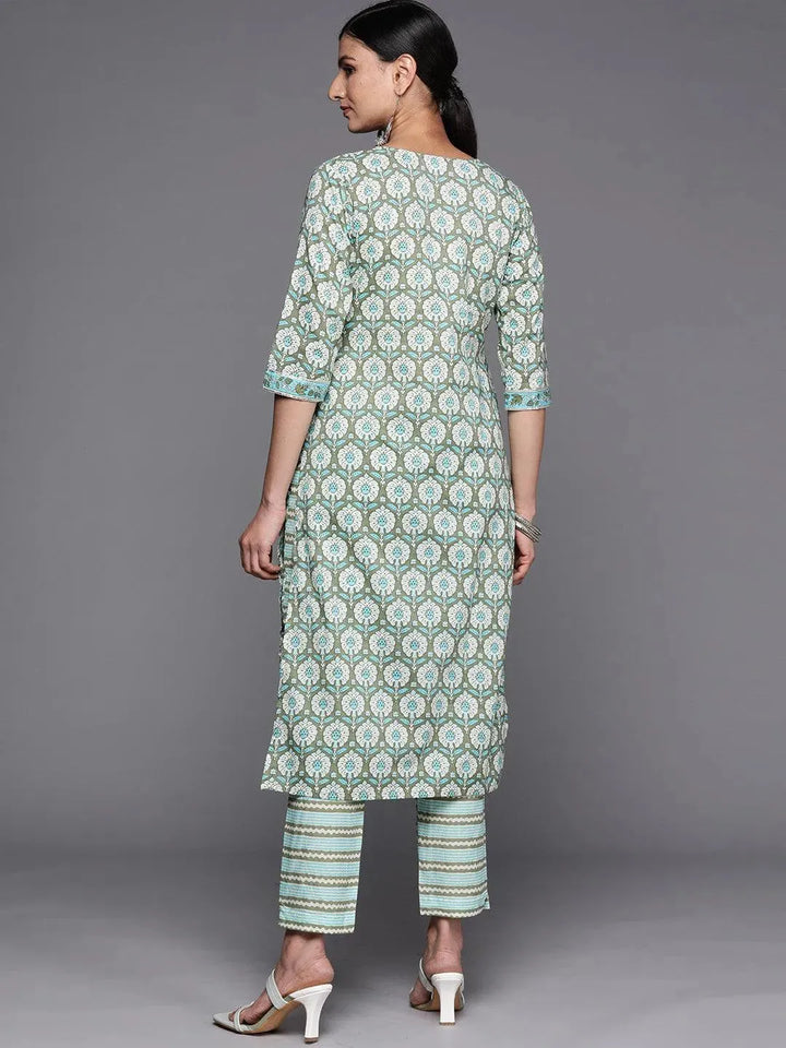 Green Printed Cotton Straight Kurta Set With Trousers - Libas