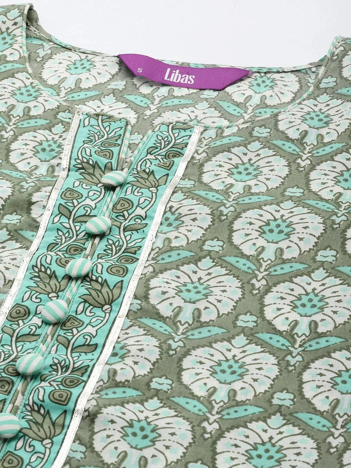 Green Printed Cotton Straight Kurta Set With Trousers - Libas