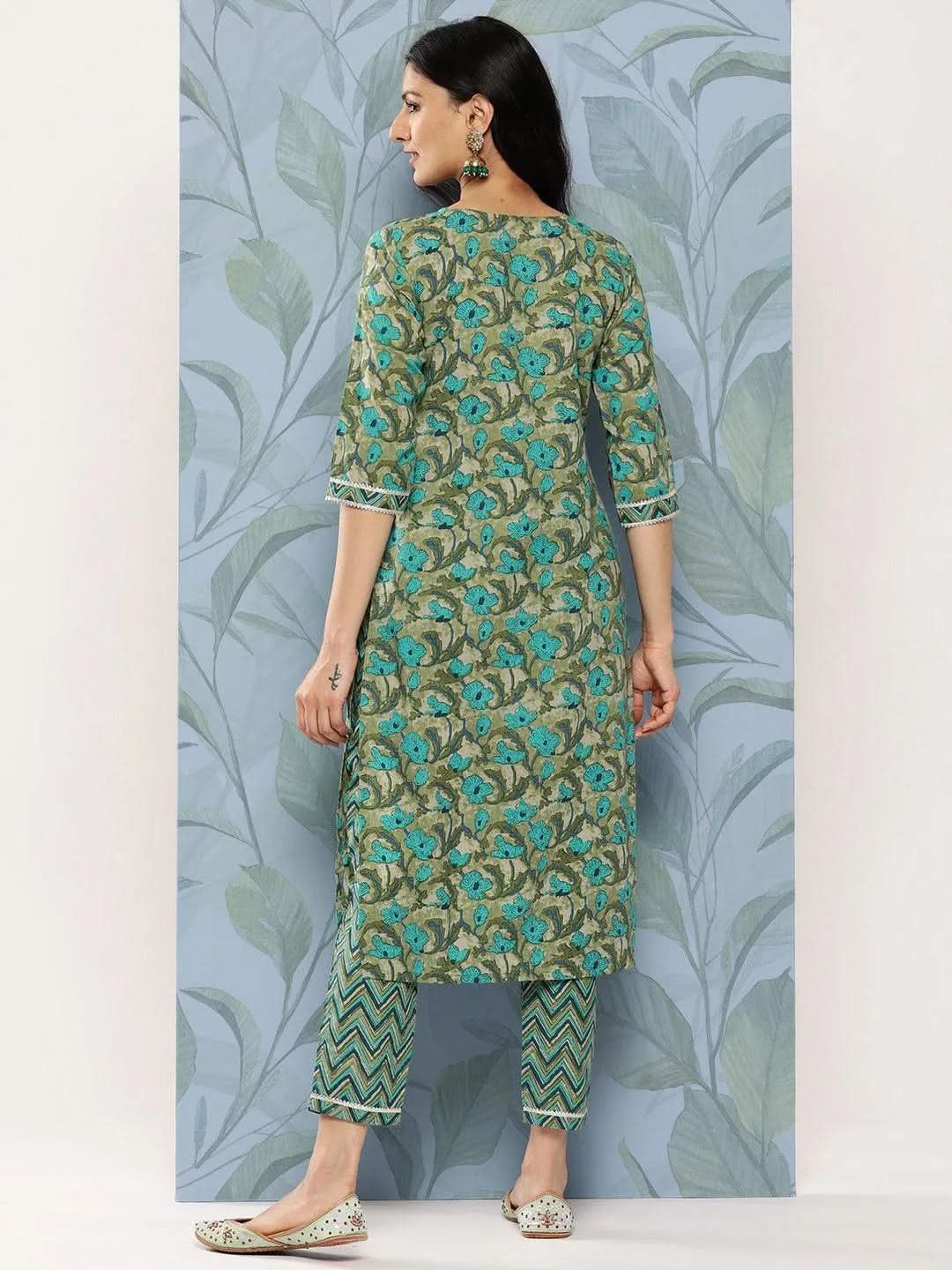 Green Printed Cotton Straight Kurta Set With Trousers - Libas 