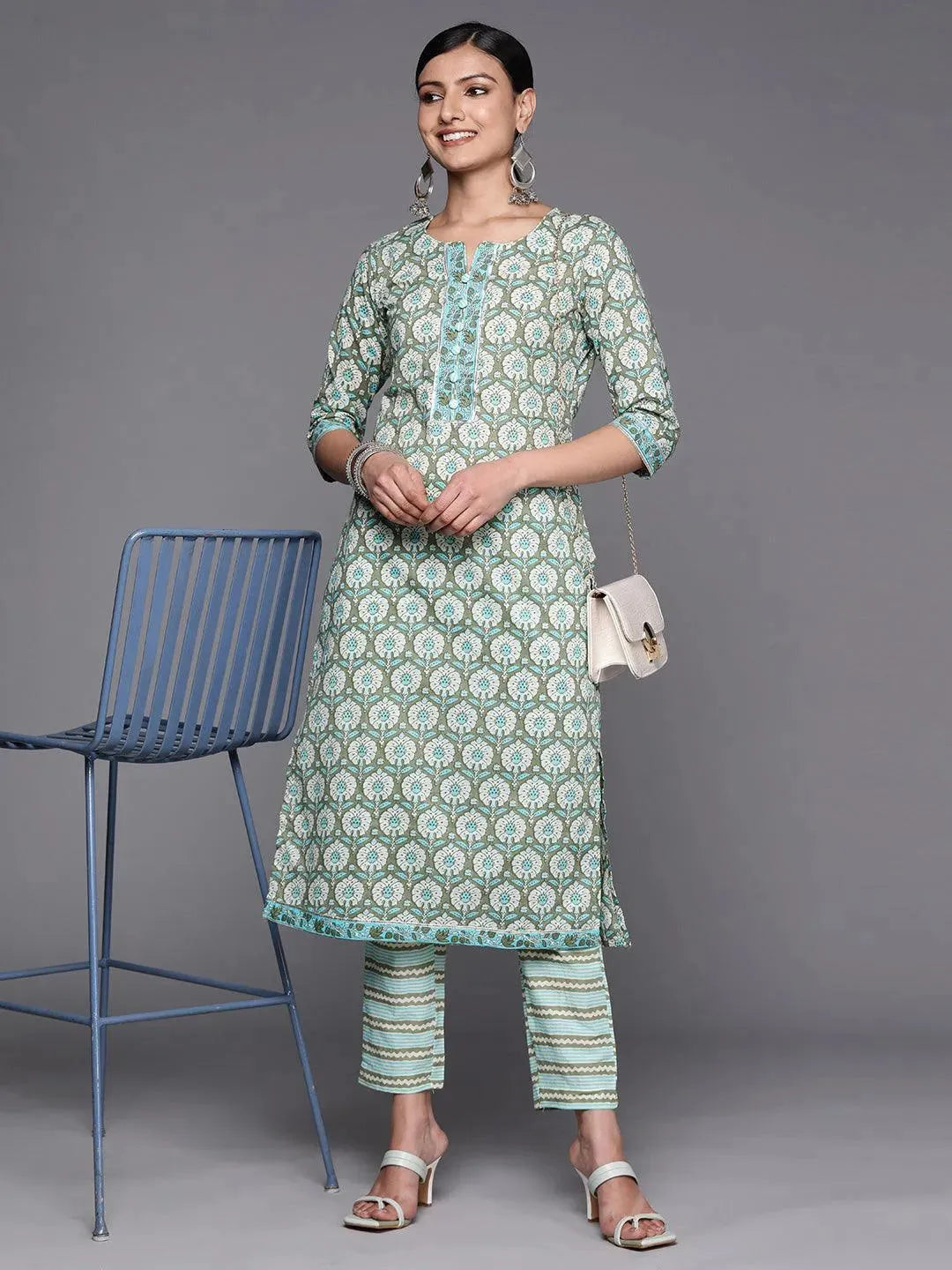 Green Printed Cotton Straight Kurta Set With Trousers - Libas 