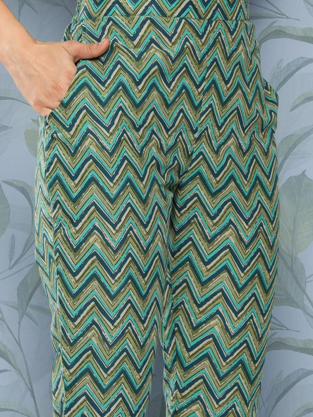 Green Printed Cotton Straight Kurta Set With Trousers - Libas 