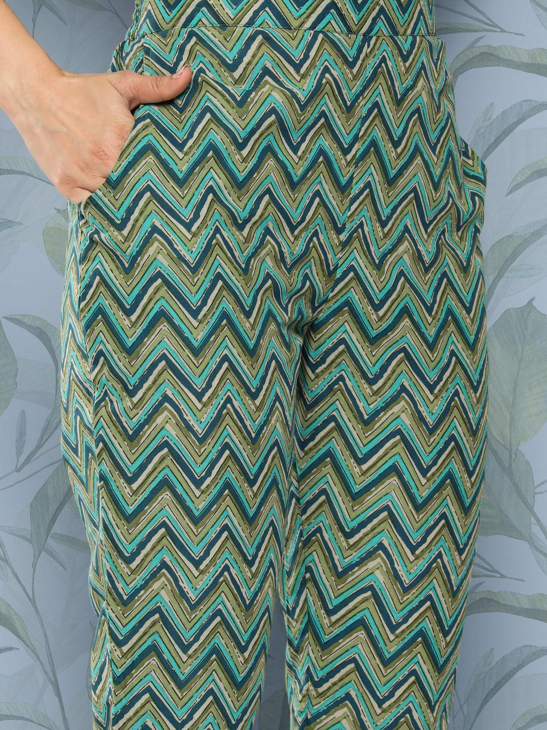 Green Printed Cotton Straight Kurta Set With Trousers - Libas