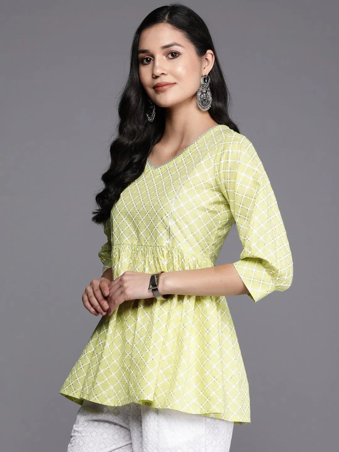 Green Printed Cotton Straight Kurti - Libas