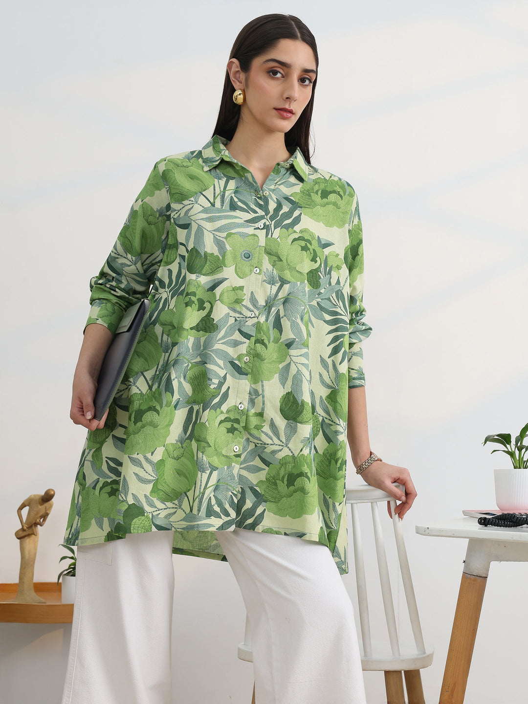 Green Printed Cotton Straight Shirt