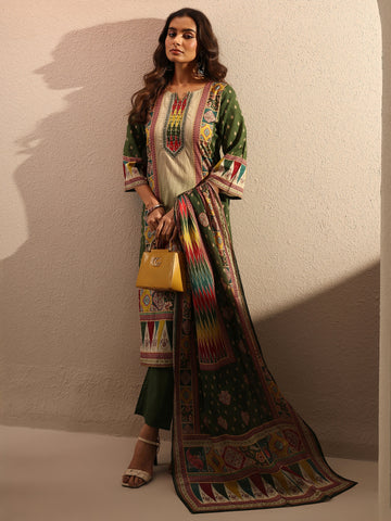 Green Printed Cotton Straight Suit Set With Dupatta