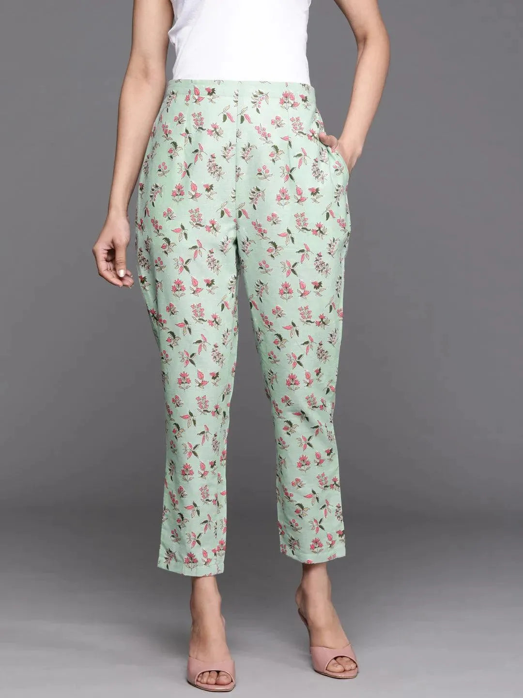 Green Printed Cotton Trousers - Libas