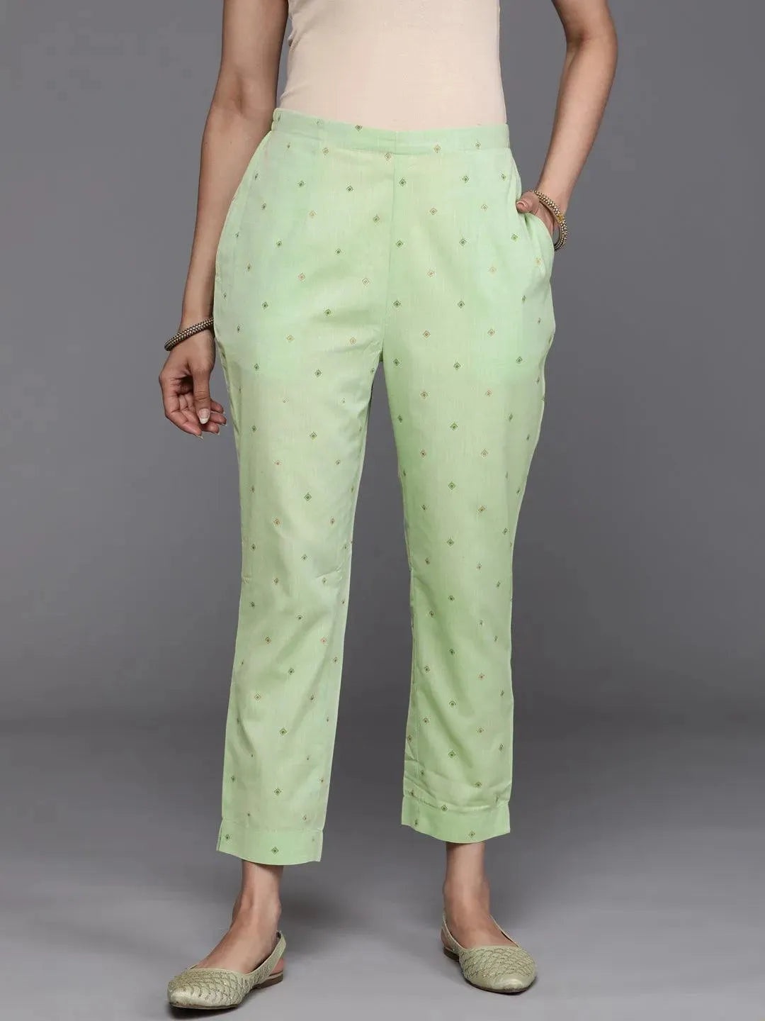 Green Printed Cotton Trousers - Libas