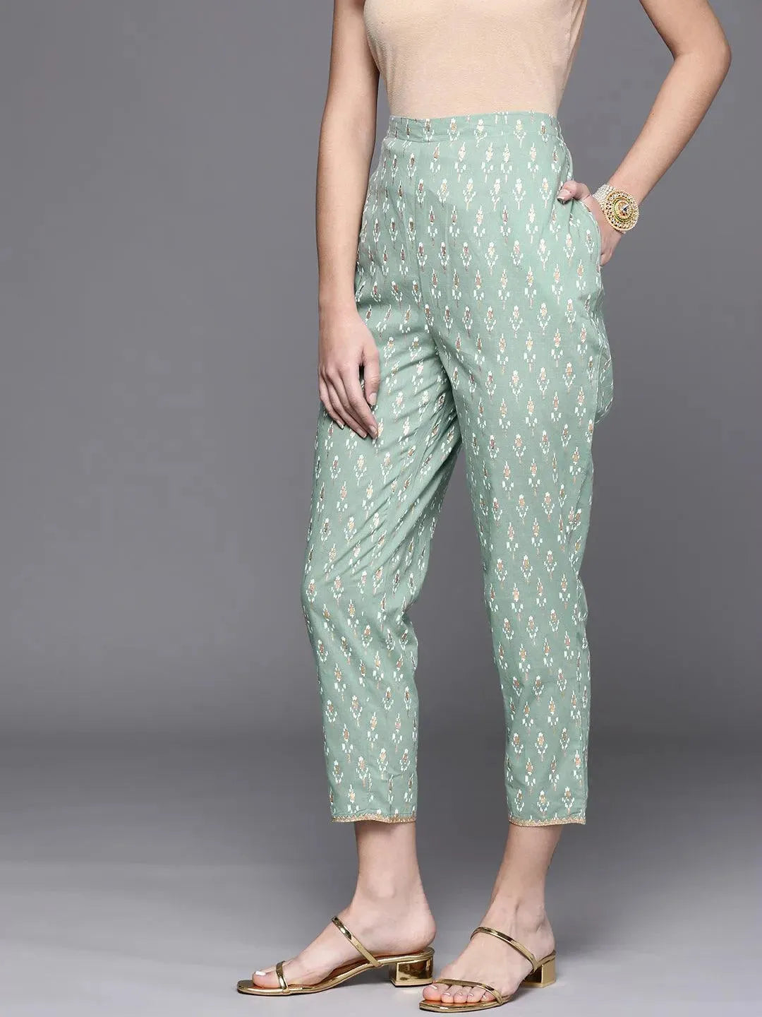 Green Printed Cotton Trousers - Libas