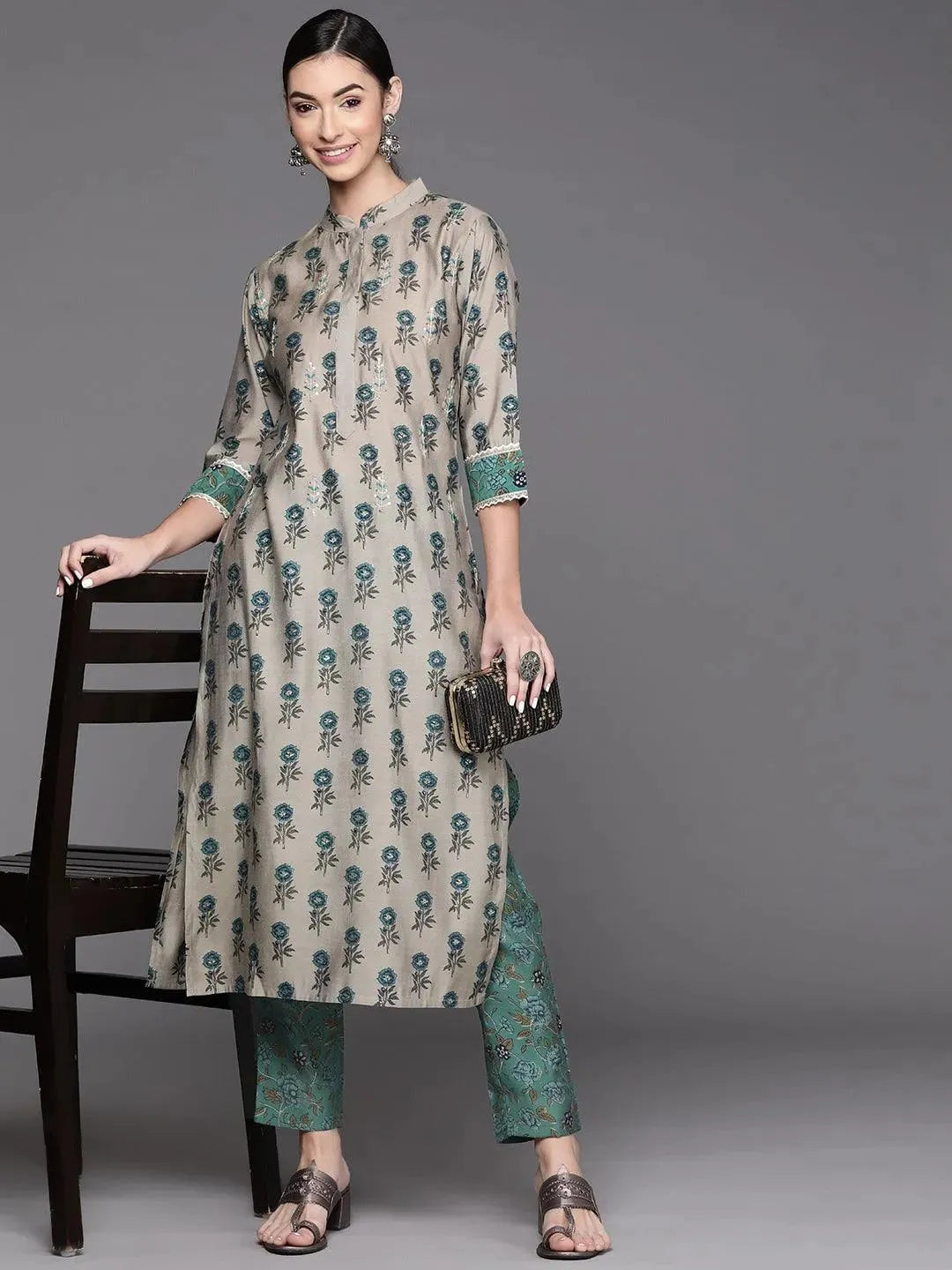 Green Printed Cotton Trousers - Libas 
