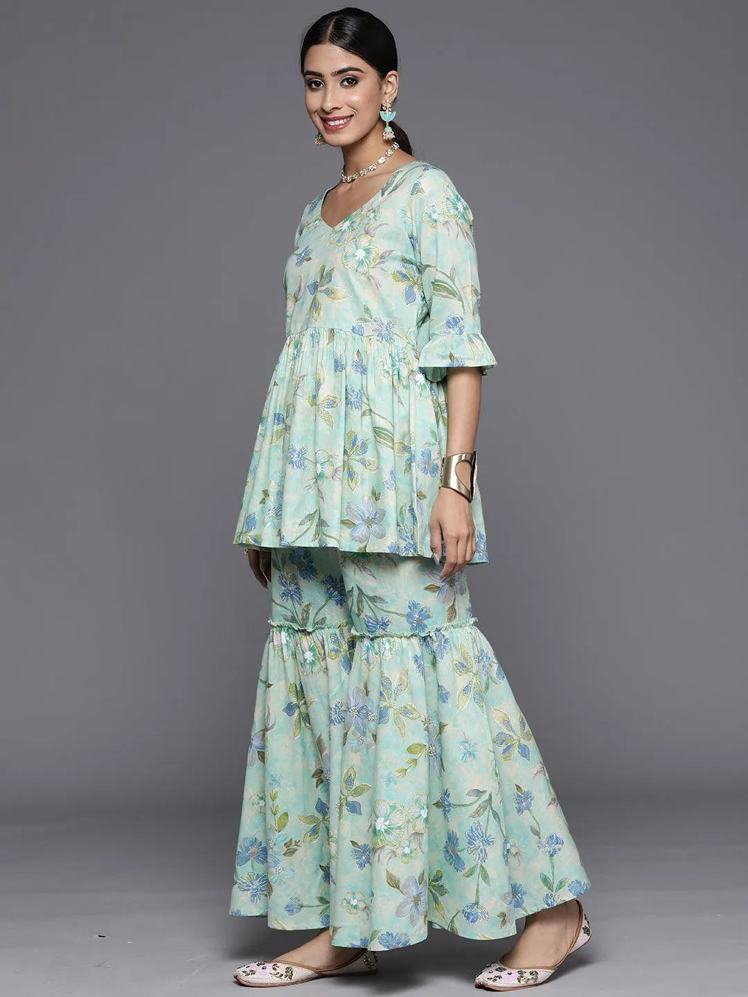 Green Printed Cotton Tunic With Palazzos - Libas 